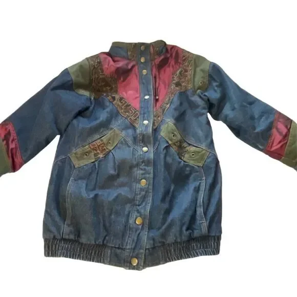 Vintage 90’s women’s size Med denim patchwork coat Aztec inspired - Picture 2 of 14